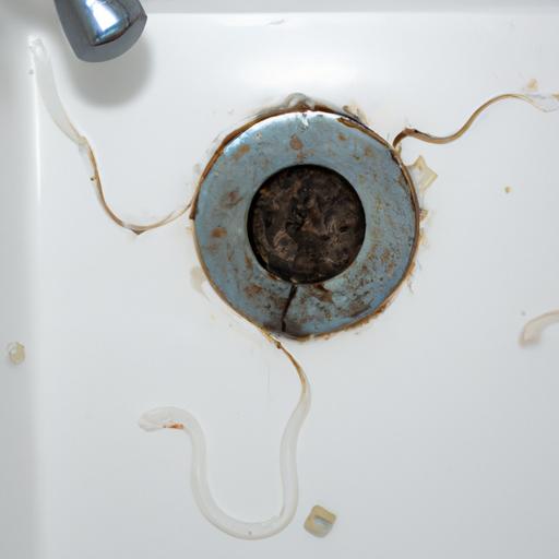 A clogged shower drain with hair and debris obstructing water flow.