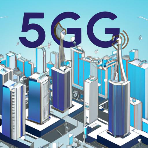 A futuristic city with 5G network towers and connected devices.